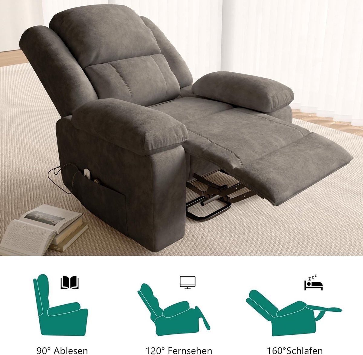 Elektrische Stoel - Relaxfauteuil Opstahulp - Comfortabel Ontspannen - Met Massage Warmte - 93 x 102 x 106 cm - Donkergrijs – foto 6