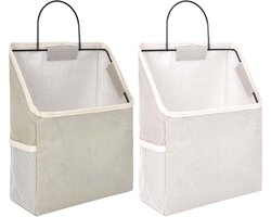 2-delige set wandopbergtassen, katoenen en linnen opbergmand met haak, wandopbergvak met metalen frame, grijze en witte wandorganizer