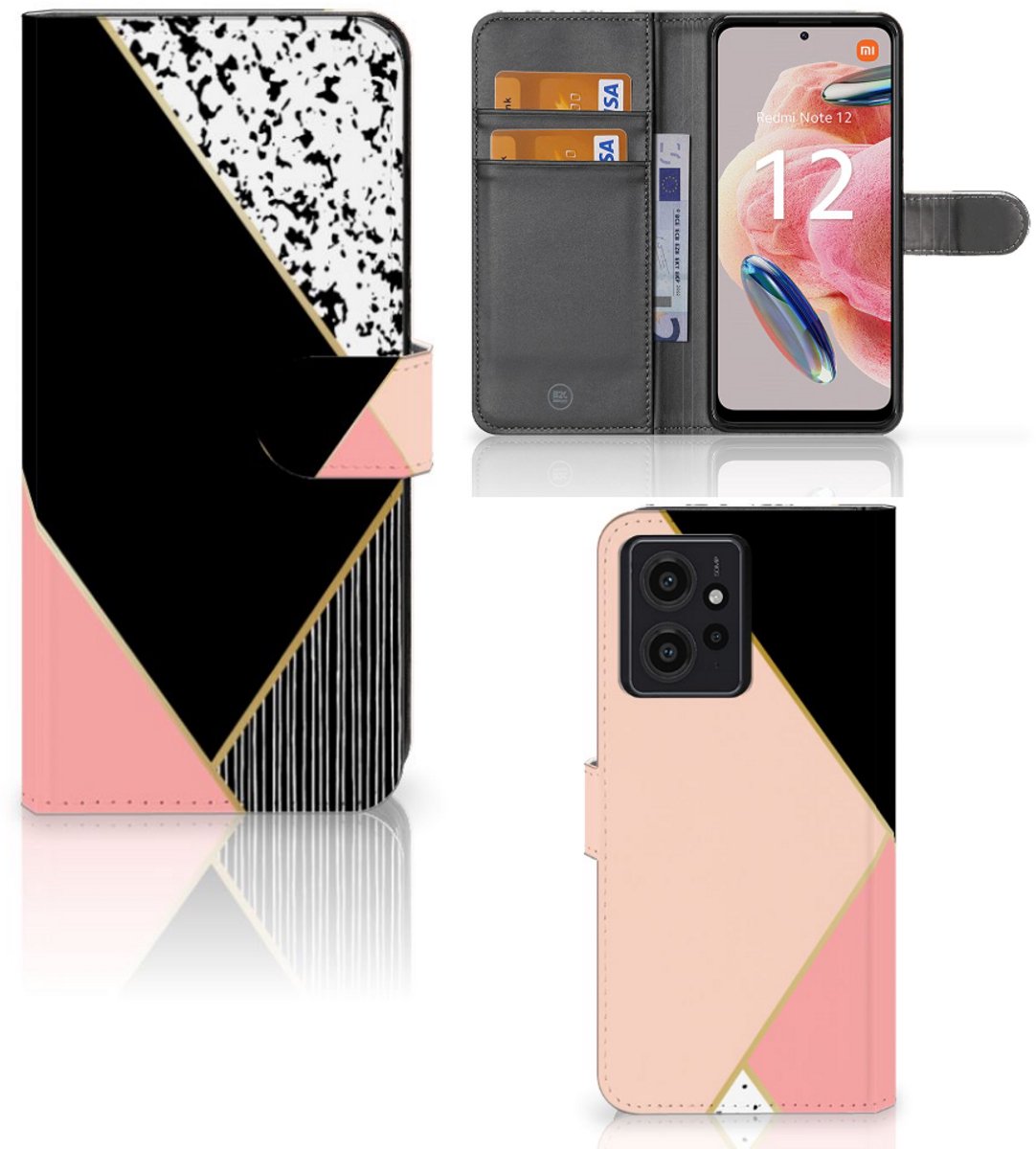 Xiaomi Redmi Note 12 4G Book Case Zwart Roze Vormen