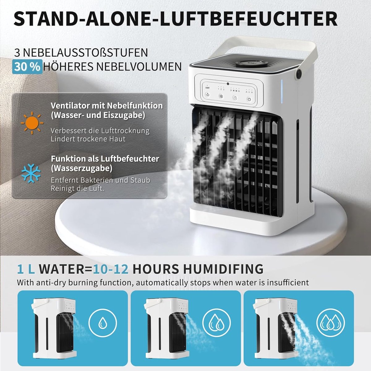 Mobiele Airco - Mini Airco - Persoonlijke Koeling - Groot Waterreservoir - 1100 ml - Wit — afbeelding 4