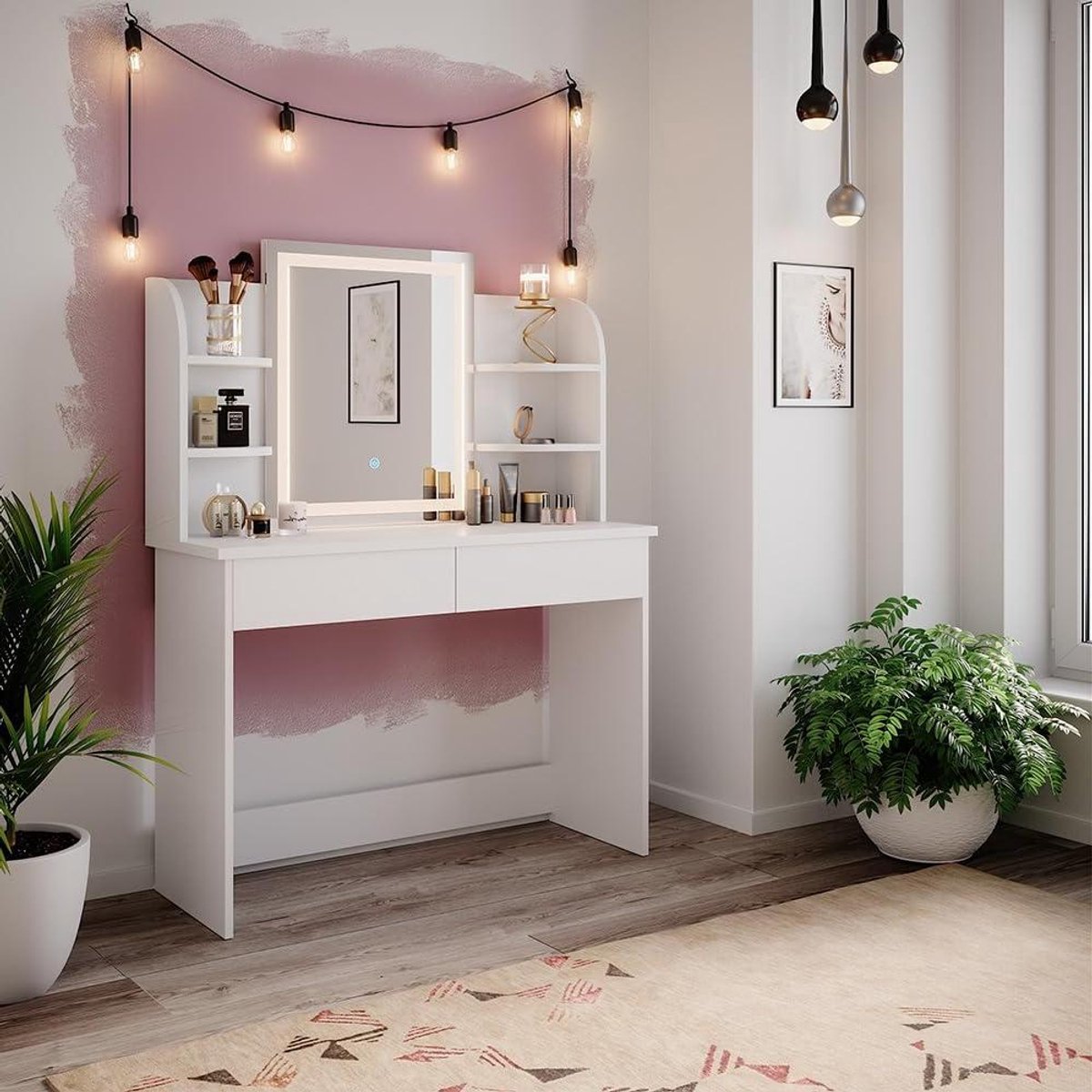 Kaptafel met Verlichting - Make-up tafel Spiegelkast - Ochtendroutine Versnellen - Vier Open Planken - 108 cm breed - Wit
