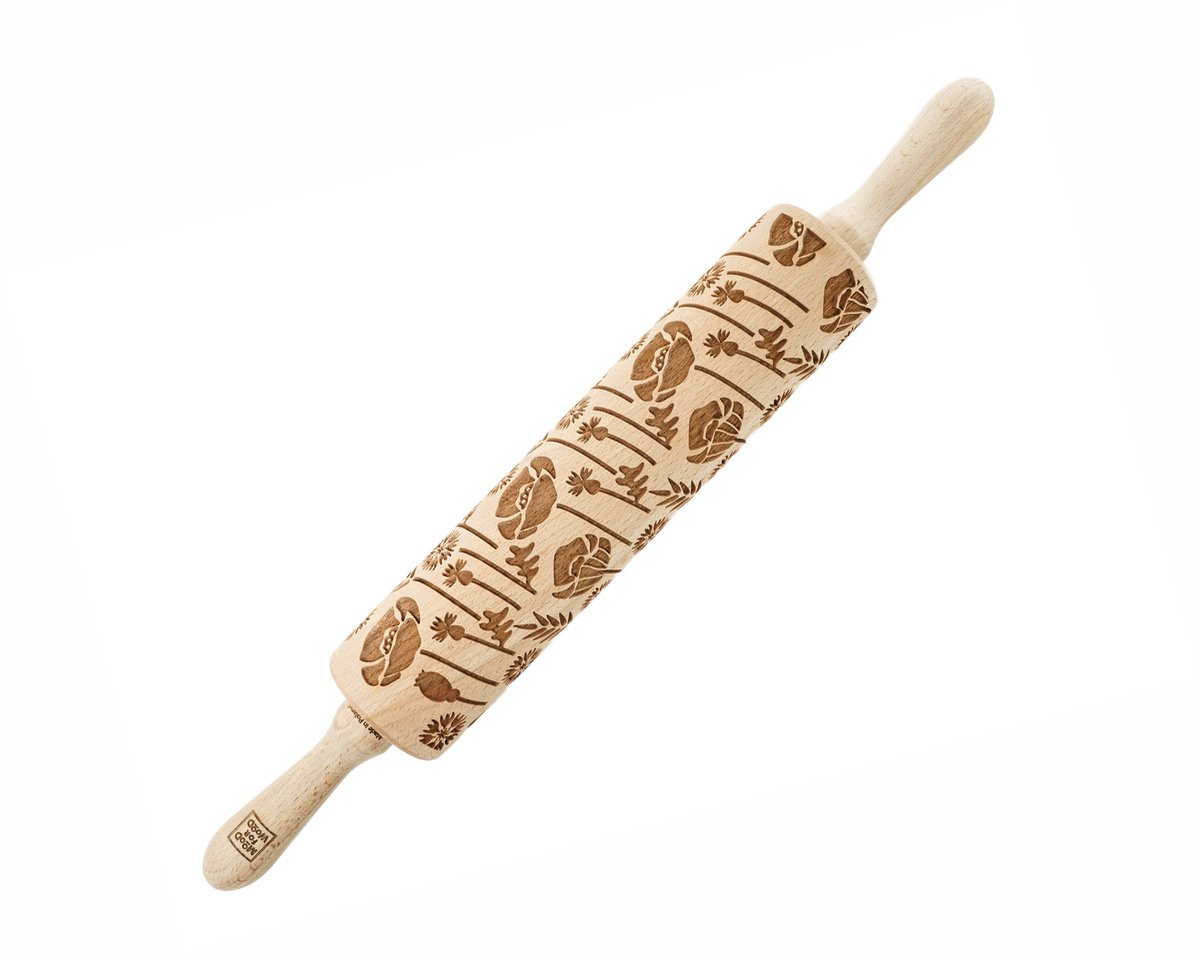 MoodForWood - Houten Deegroller - Gekerfd 43 cm - Met Handvatten - Ideaal voor Bakken - Weidepatroon