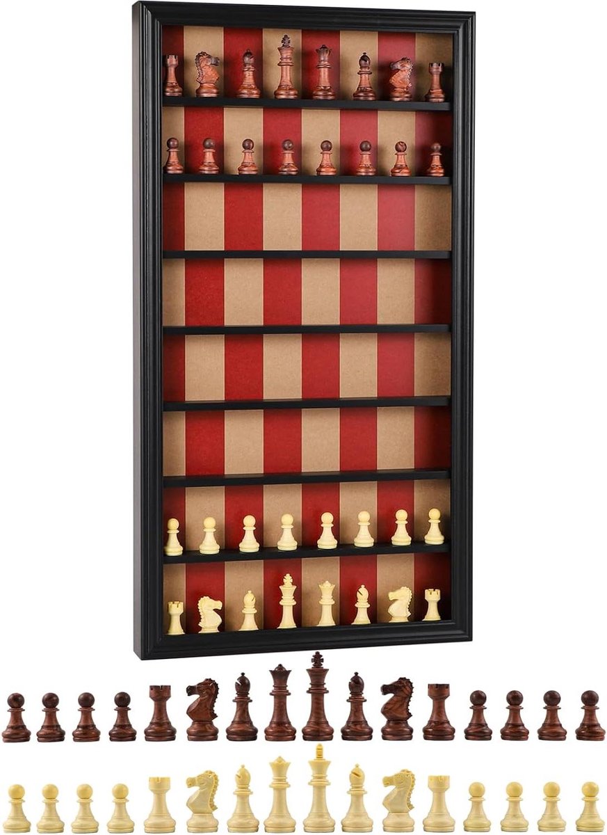 Houten Dambord Spel - Schaakspel Wandmontage - Decoratie en Spel - Verticaal Display Kabinet - 72.5x39x5.5 cm - Zwart