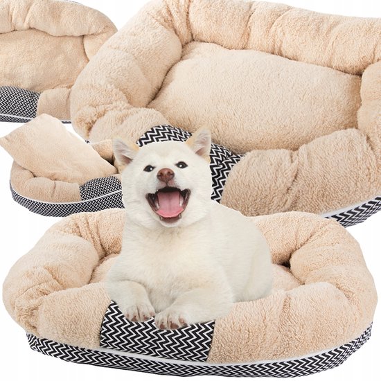 Collage de lits pour chiens beiges avec bordure zigzag noir et blanc, avec un chiot blanc au centre.