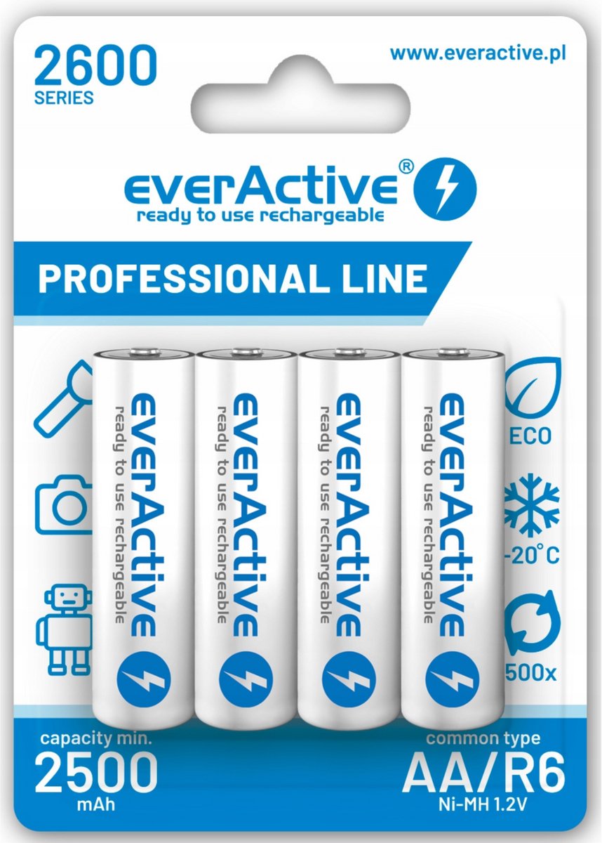 4 Stuks - R6 AA 2600mAh everActive Professional oplaadbaar