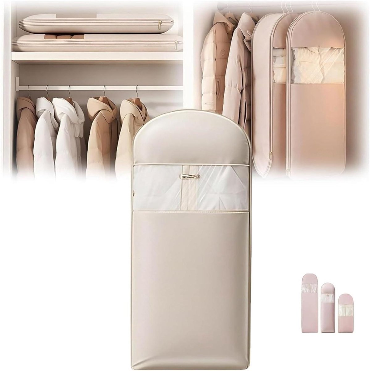 Hangende Kledingzak - Kledinghoes Opberger - Kast Ruimte Besparen - Zelfcompressie Rits - 130 cm Lengte - Beige