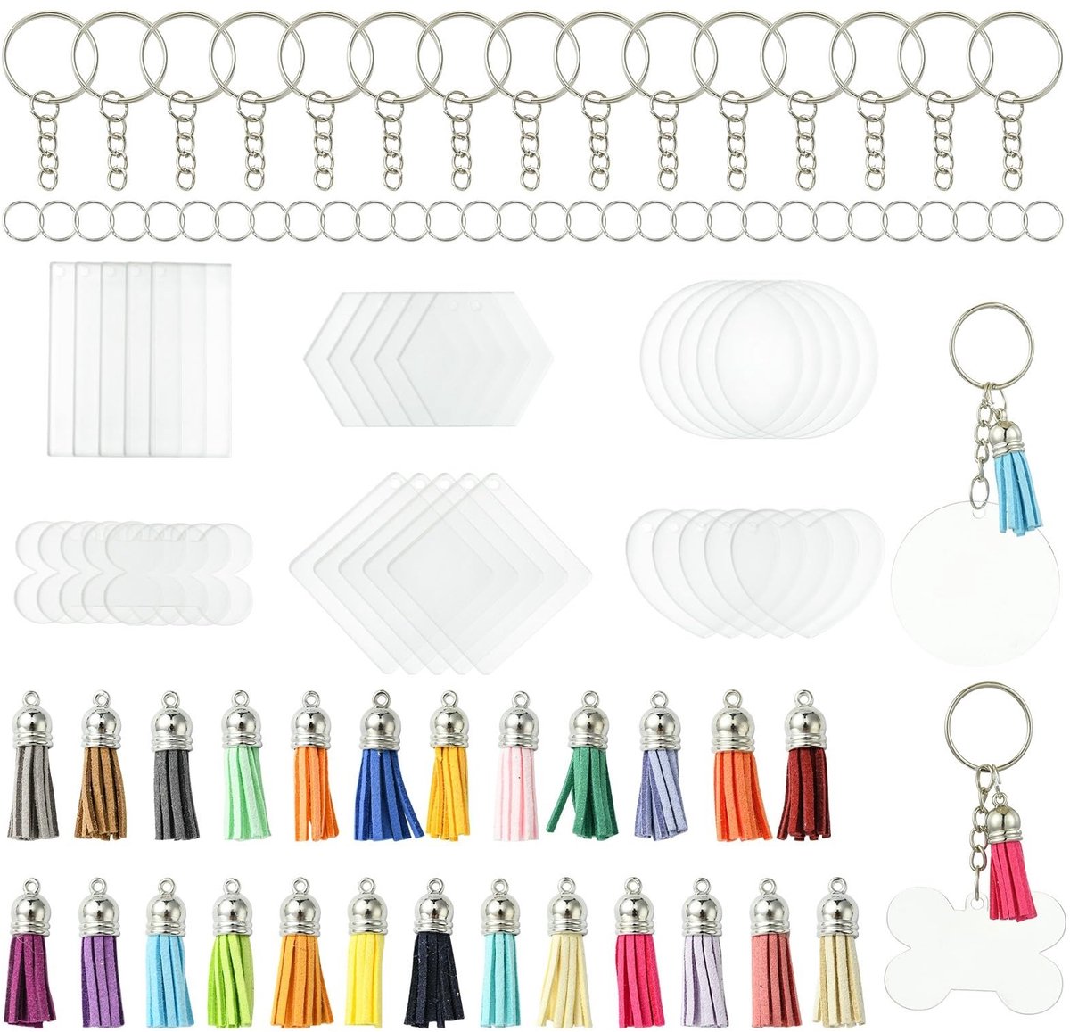 NTH products- Suncatchers Set 50 Stuks - Acryl Sleutelhanger Blanks - Kwastjes Bedels - Springringen - Veelzijdig en Aanpasbaar - 50 mm Lang - Knutselmaterialen