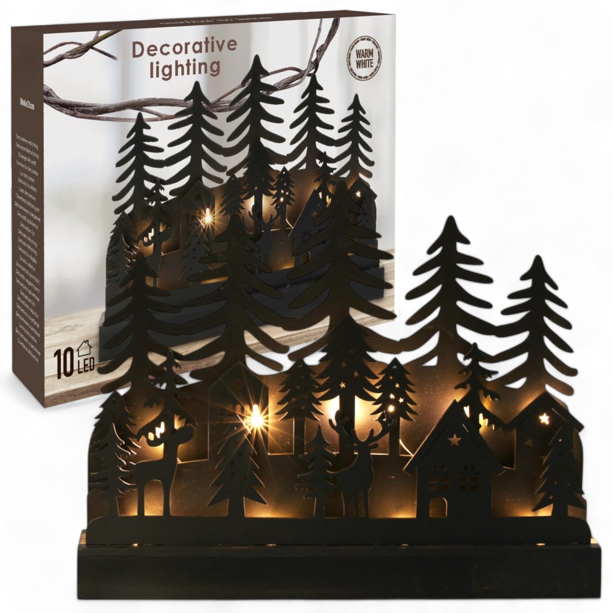 Dailygoods - 3D-Kerstscène - Ledverlichting - Sfeervolle kerstdecoratie - Zwart - Kerstdiorama - Winterse magie voor in huis - 30 x 6 x 23 cm
