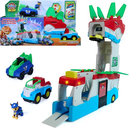 PAW Patrol - De Dino Film - Dino Mobile-hoofdkwartier, 2-in-1 transformerende hoofdkwartierspeelset van 55,8 cm met licht en geluid, inclusief Chase-actiefiguur en 2 voertuigen om mee in actie te komen