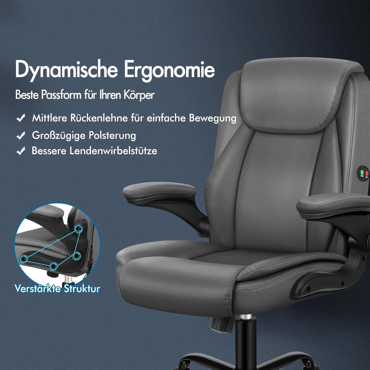 Ergonomische Massage Bureaustoel - House&Garden Fenix Executive Comfort - Directiestoel met Massagefunctie - Verstelbare Hoogte - Kantelbaar 90°-135° - Luxe Kantoorstoel met Wielen - Computerstoel - Grijs