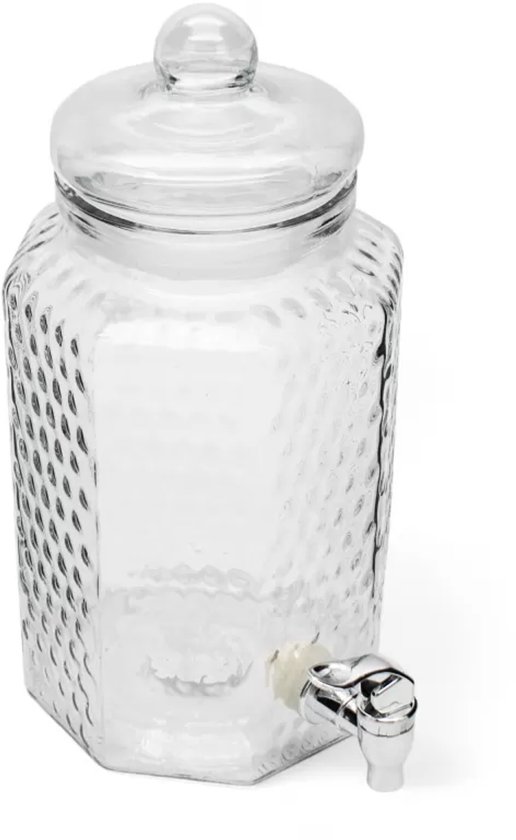 Lege glazen drankdispenser met honingraatstructuur en zilverkleurig kraantje, op een witte achtergrond.