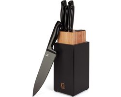Glissimo Cookware - Set de couteaux avec bloc à couteaux – Set de couteaux de cuisine 5 pièces – Bloc à couteaux magnétique avec aiguiseur – Couteaux de chef en acier inoxydable – Noir