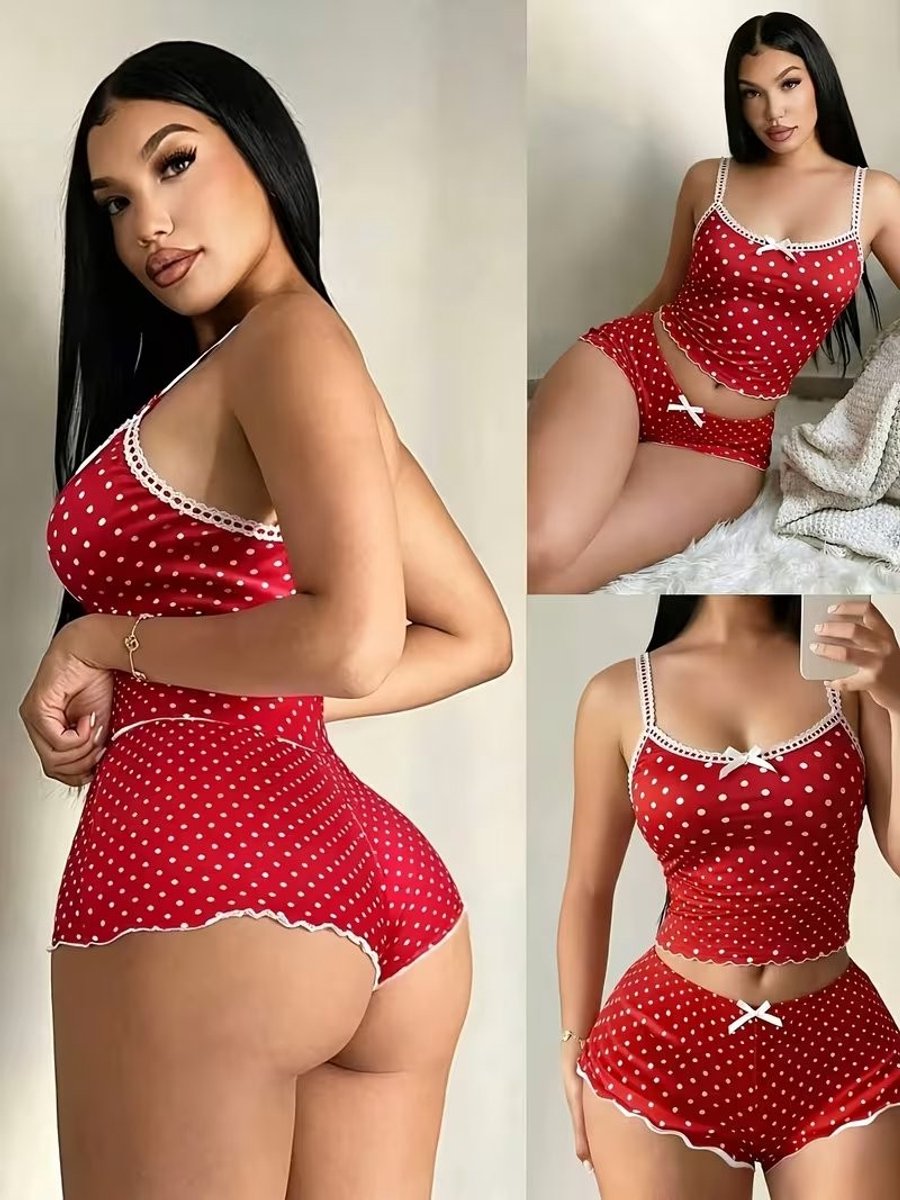 Karma Dames pyjamaset met hemdje en korte broek, contrasterende stippen, kanten patchwork, nauwsluitend, 2-delig rood