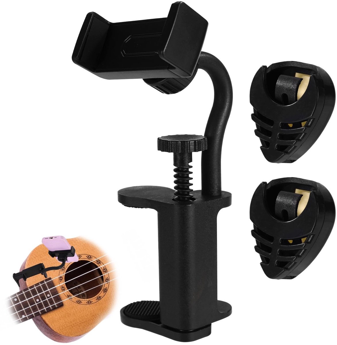 Dailygoods- Gitaartelefoonhouder met 360° Draaibare Arm - Telefoonhouder - Plectrumhouder - Nylon/Kunststof - Zwart - Complete Set - Telefoonstandaard