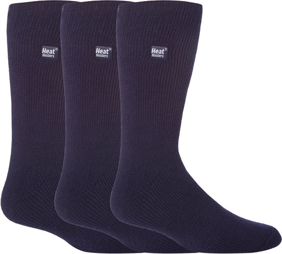 Drie identieke donkerblauwe Heat Holders thermische sokken voor heren, geribbeld breisel met het Heat Holders logo.