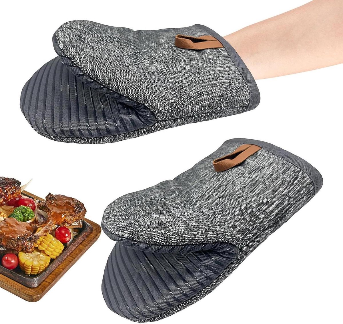 Compacte ovenwanten - Hittebestendige handschoenen - Veilig koken - Antislip siliconen grip - 24 x 15 cm - Grijs