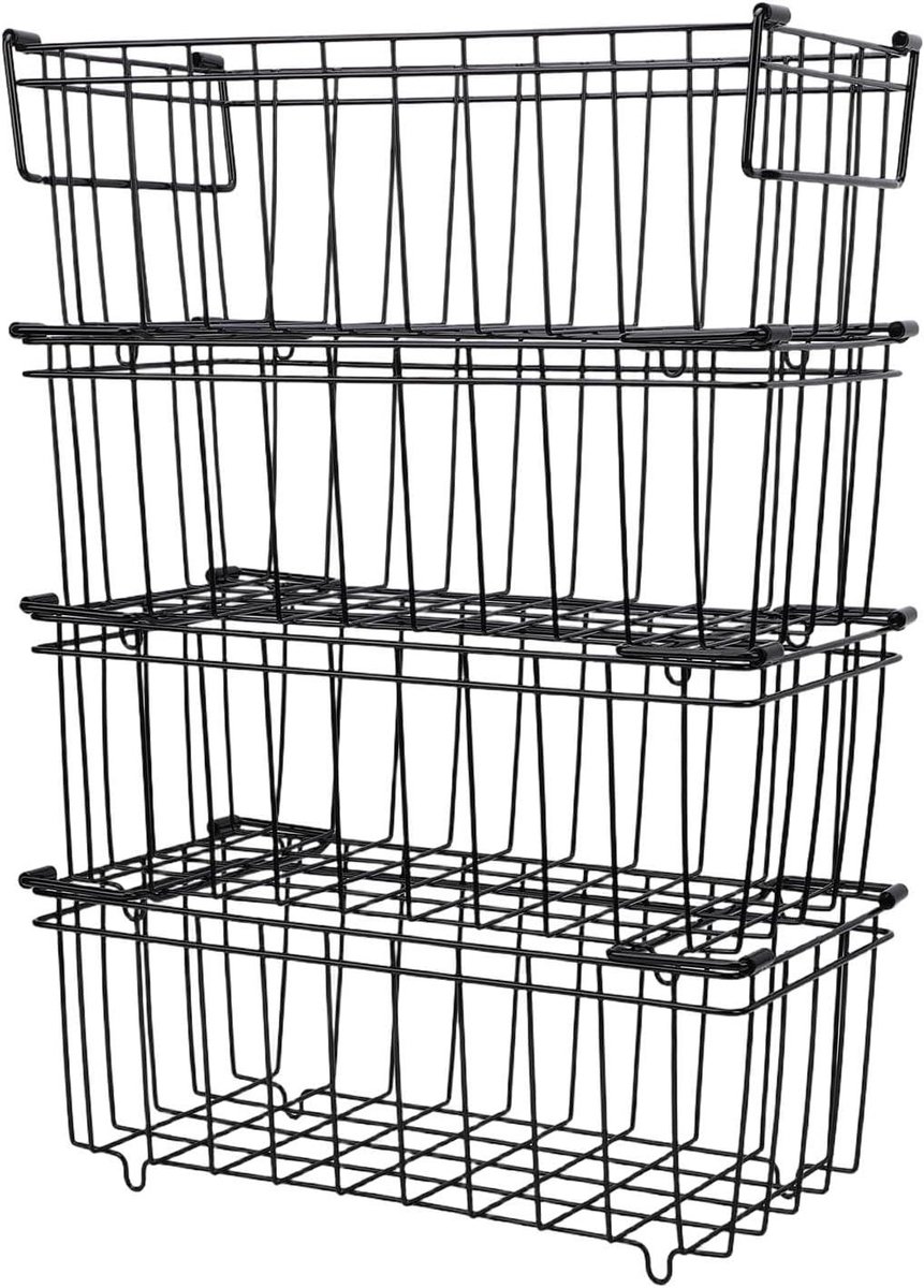 Vriezer Organizer Bakken - Stapelbare Vriesmanden - Voedsel Scheiden - Hoogwaardig Koolstofstaal - 4 Stuks - Zwart