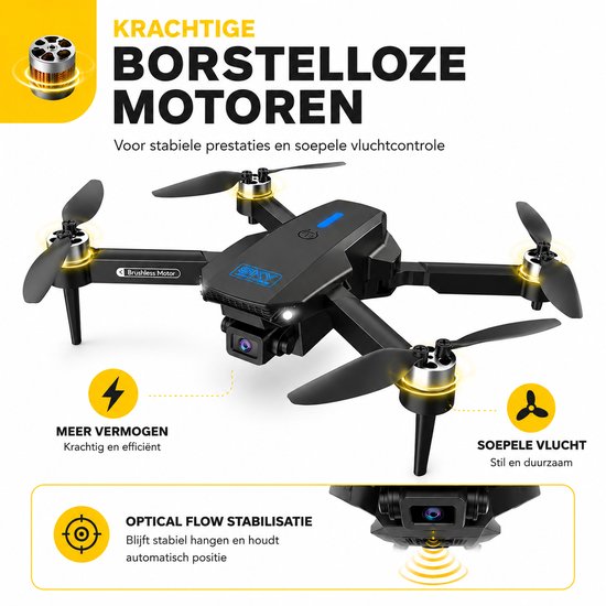 Zwarte drone met borstelloze motoren en gouden accenten. "KRACHTIGE BORSTELLOZE MOTOREN"