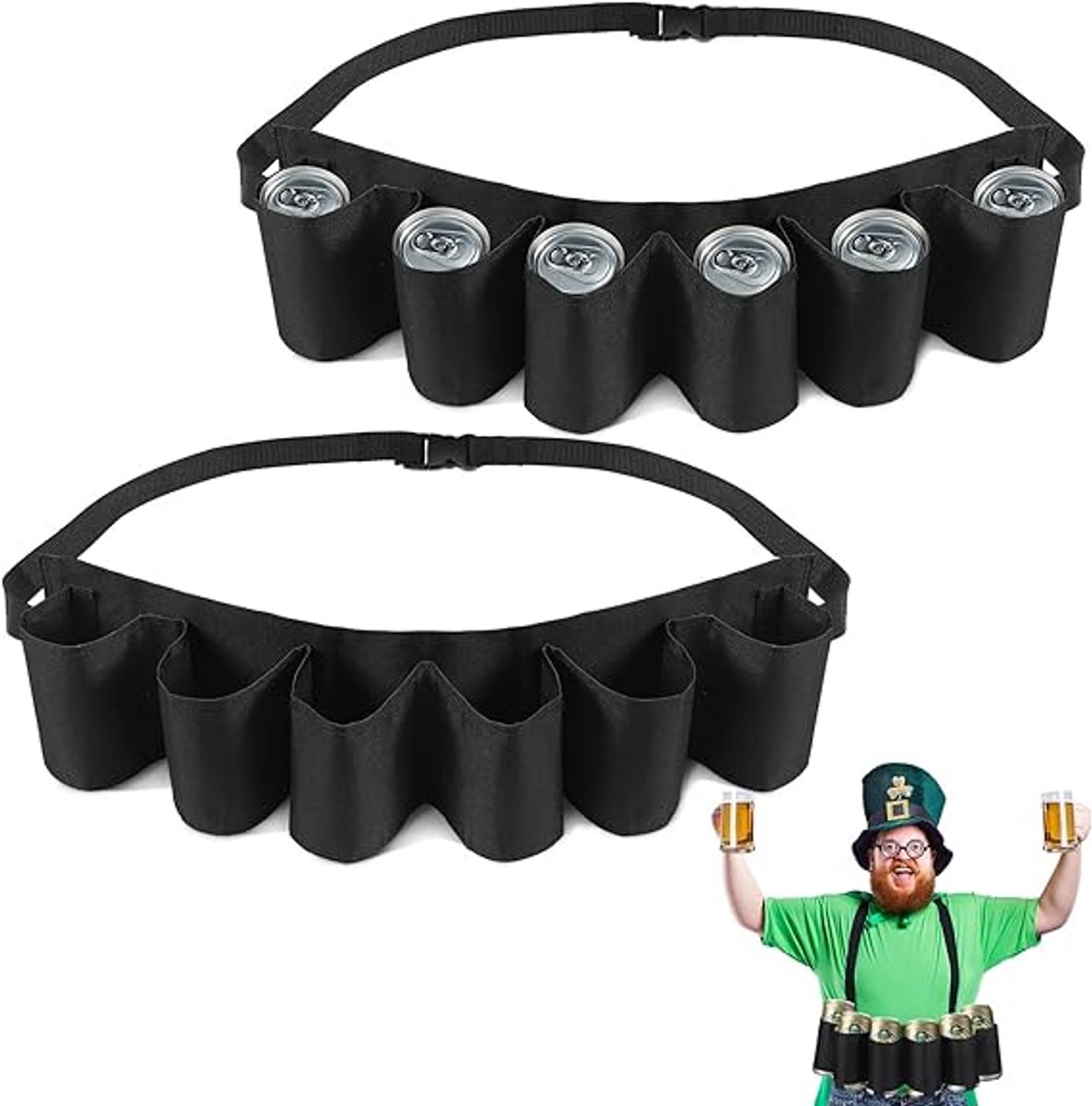 2 Stuks Bierriemhouder - 6 Blikken Per Stuk - Verstelbaar Zwart - Geschikt voor Halloween, Kerst, Kamperen, Wandelen, Picknick en Feest