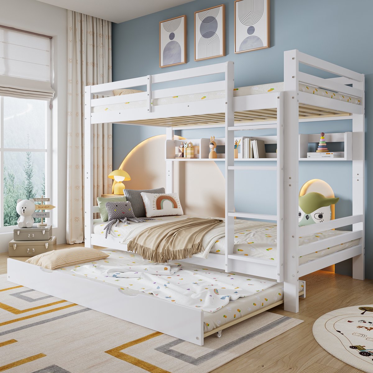 MODFU Kinderstapelbed met Uitschuifbed – 90x200 cm – 2 Meter Plank & Opbergplank – Grenen – Wit