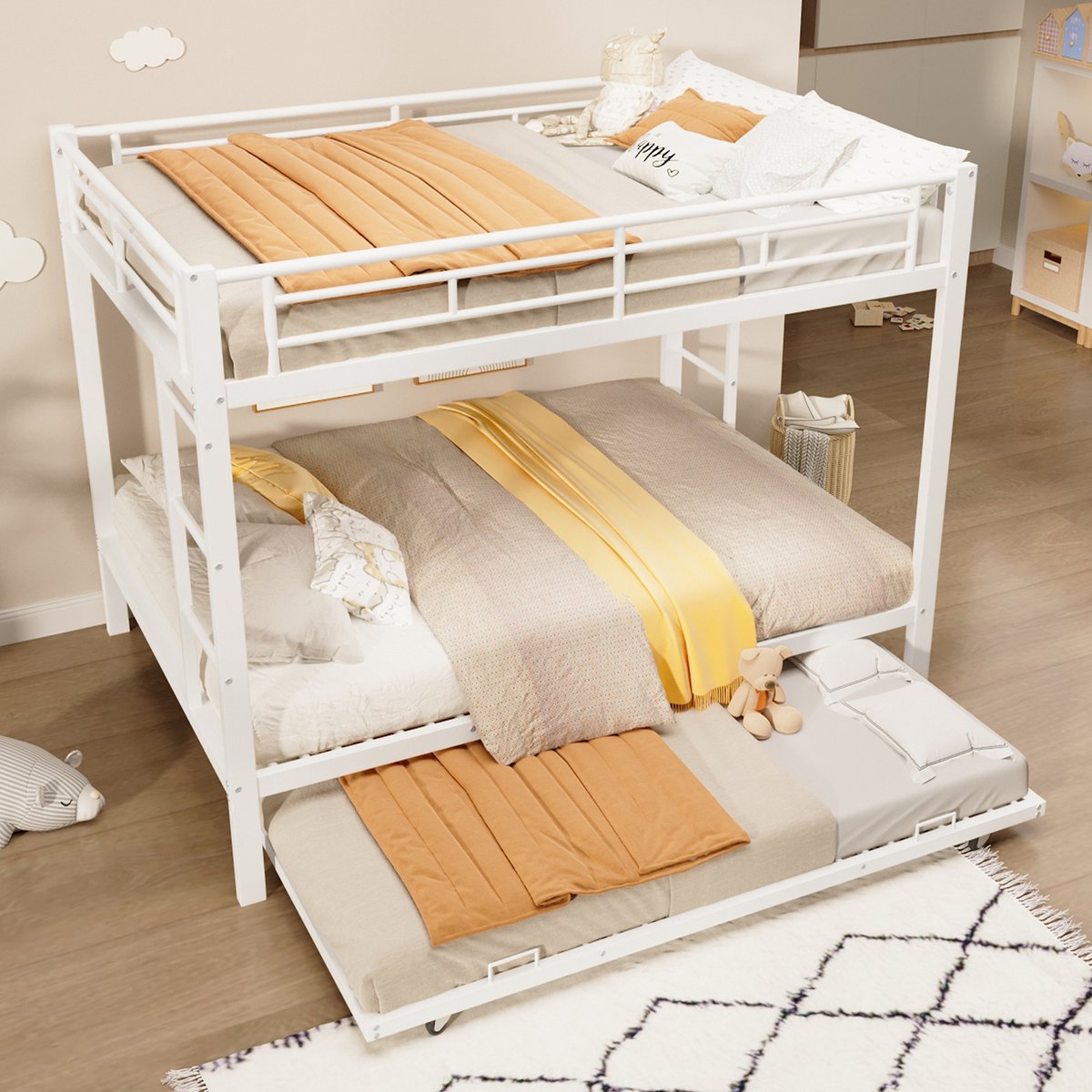 MODFU Stapelbed met Uittrekbed – 140x200 cm – Hoog Veiligheidshek – Metaal – Wit – Ruimtebesparend voor Logeren en Kinderkamer