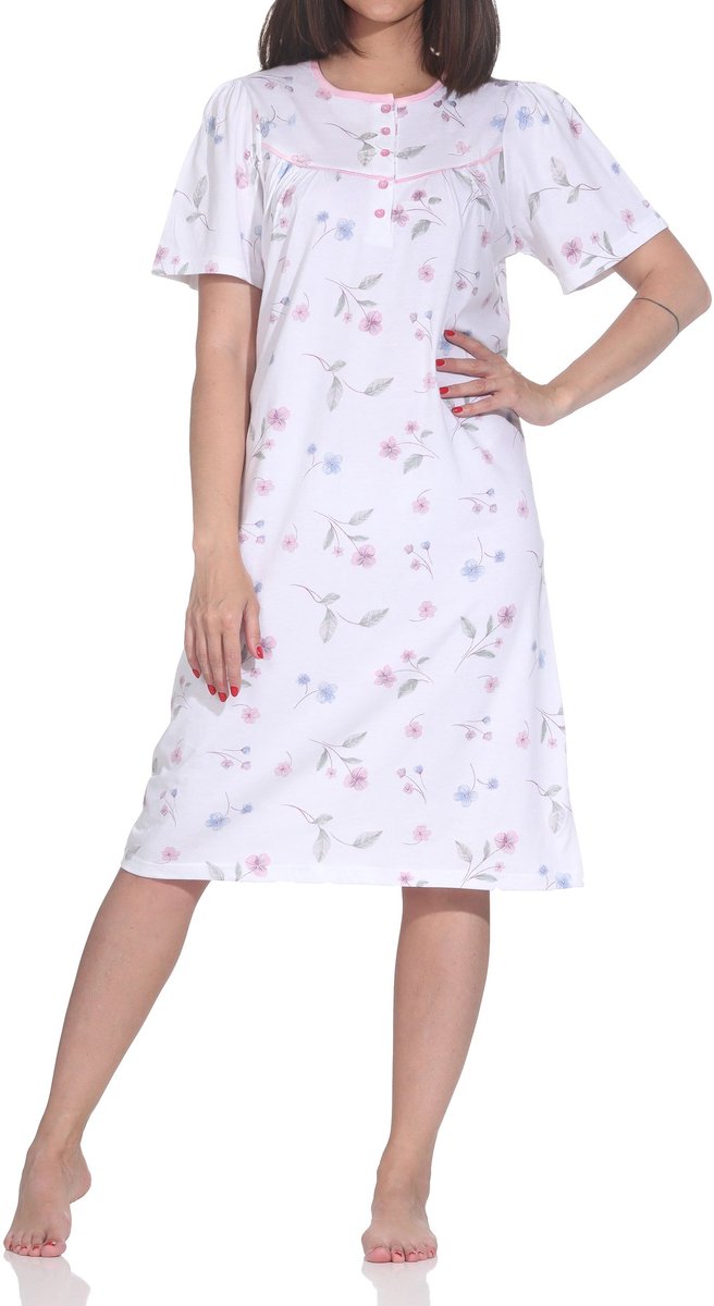 Normann Dames Nachthemd korte mouw – Romantisch bloemendesign, knoopsluiting bij de hals rosa