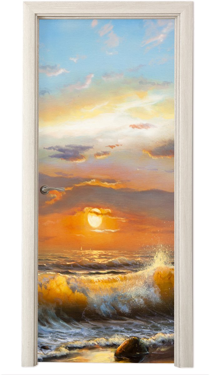Deurposter 85x215 cm - Deursticker Schilderij - Water - Zeilboot - Olieverf - Meubelfolie 