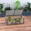 Grijze houten mini-kas met deksel open, gevuld met planten in potten, op een houten terras.