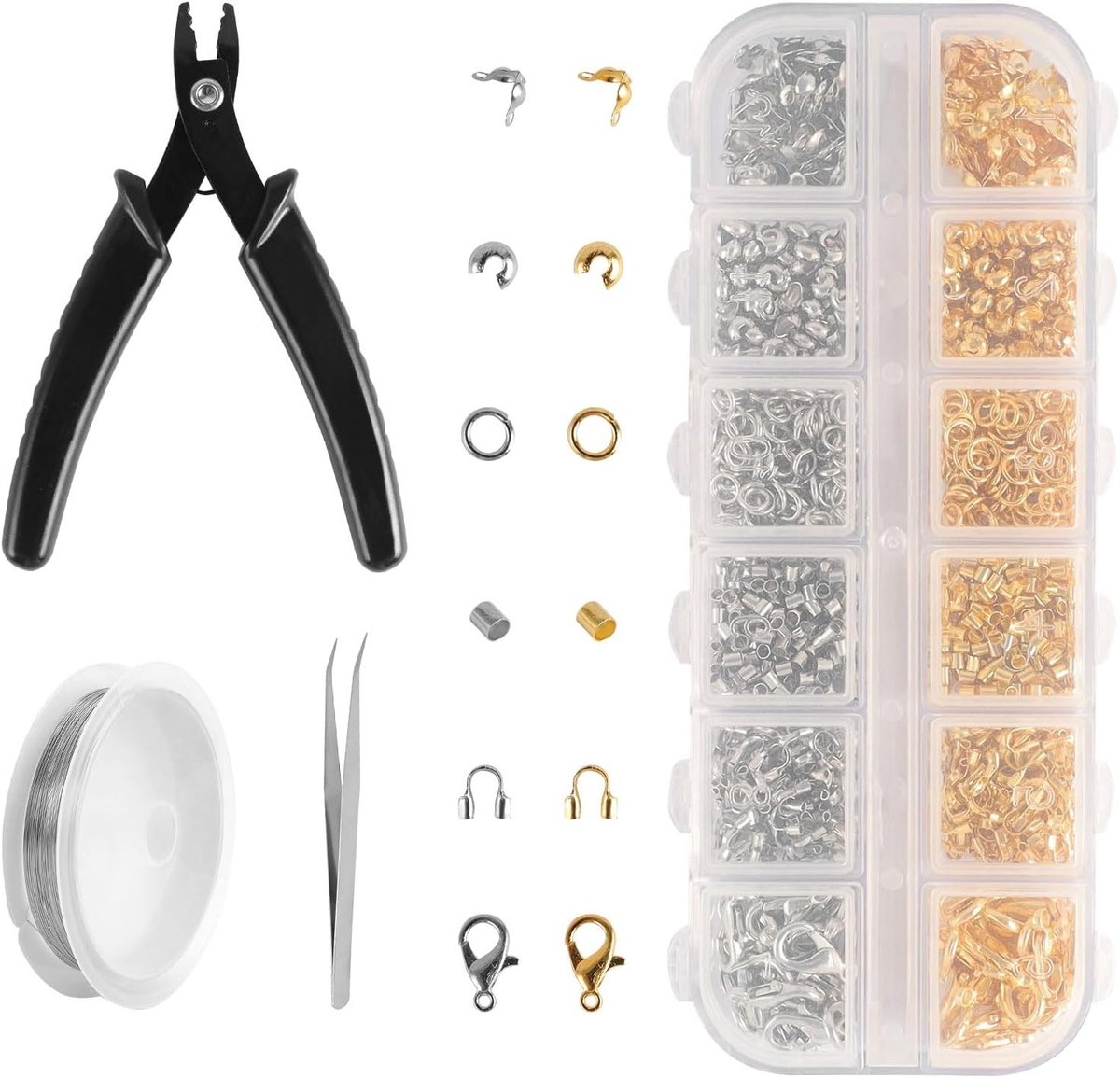 Set van 1200 Knijp Kralen en Crimp Kralen met Sluitingen en 6 Accessoires voor Sieraden Maken voor Volwassenen