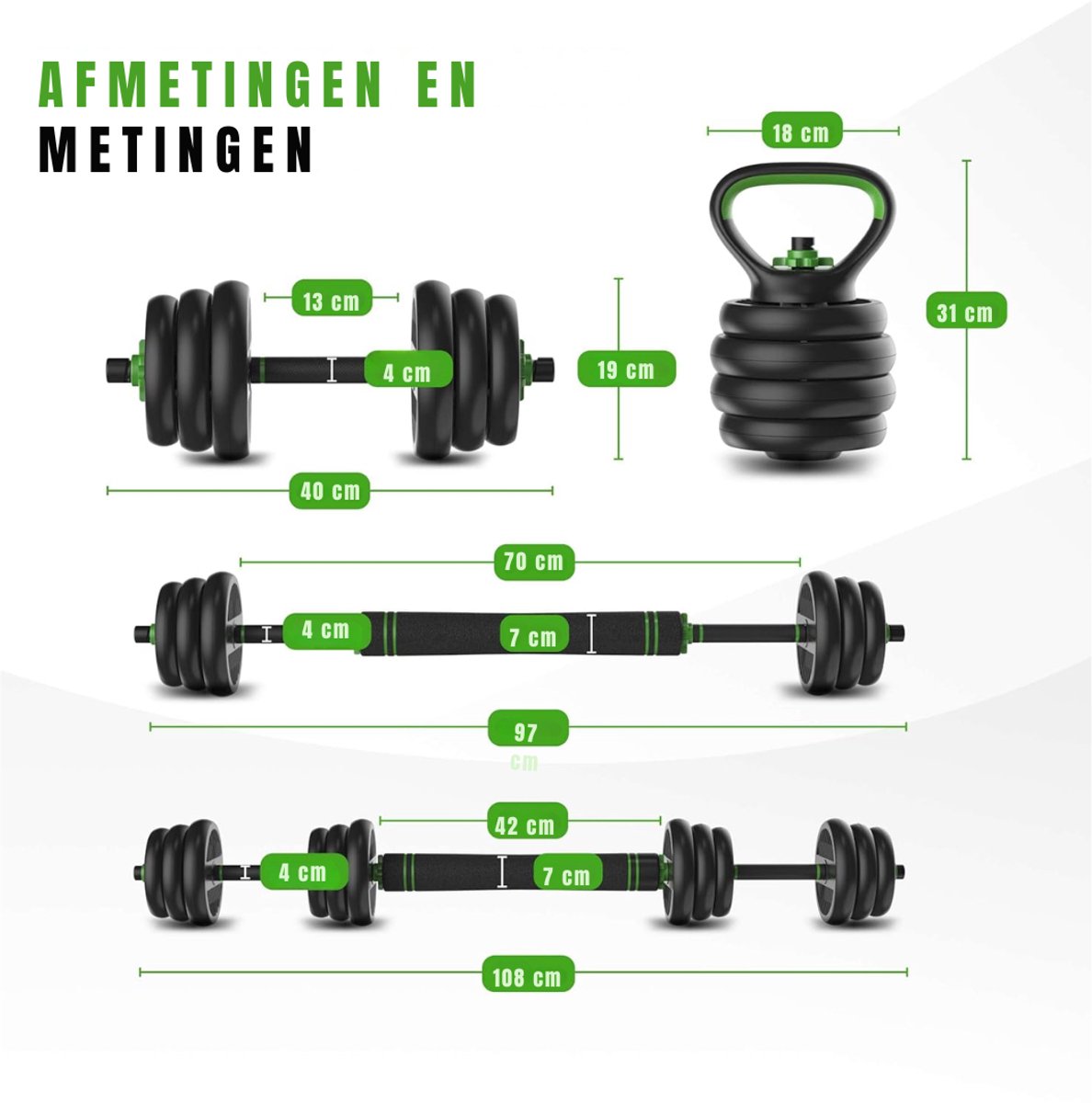 DYNA® Verstelbare Dumbells - Verstelbare Dumbbells - Dumbell Set - Verstelbare Dumbell - Zwart/Groen - 114cm x 19cm x 19cm thumbnail 4