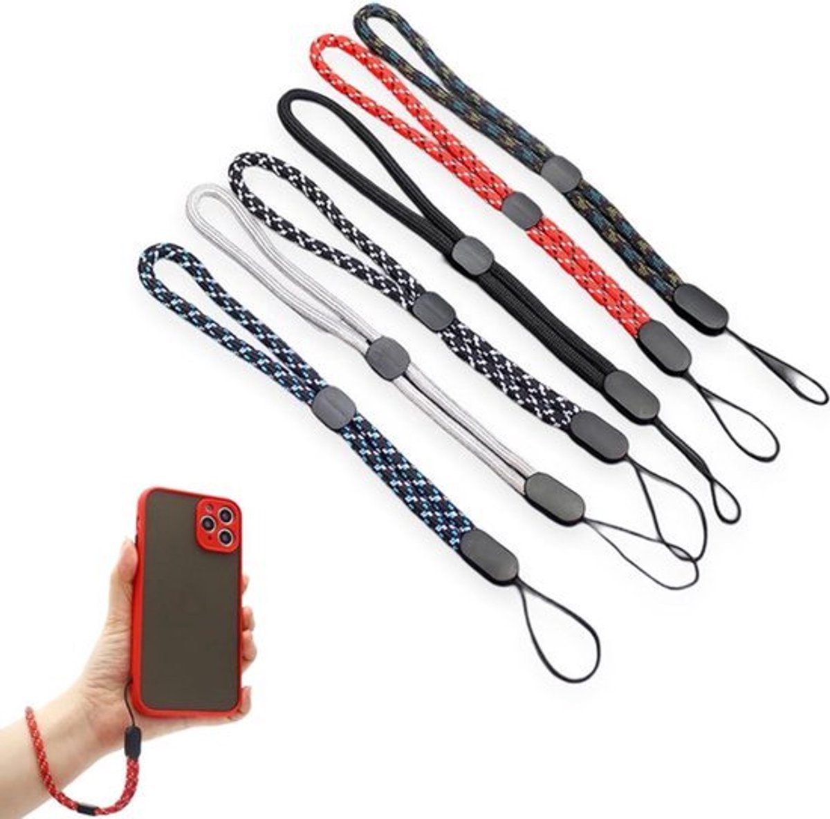 6 stuks afneembare universele polsband telefoonkoord voor zaklamp mobiele telefoon USB-stick camera sleutelhanger (6 kleuren) rood