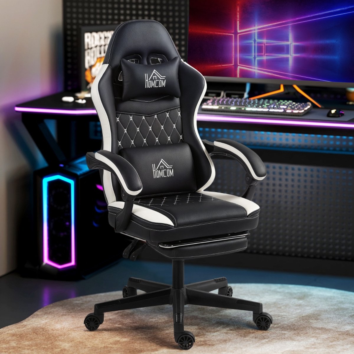 Wishdor - Gamingstoel - Verstelbare Rugleuning, Uitschuifbare Voetsteun En 360 Graden Draaibaar - Ergonomisch Ontwerp Met Hoofdsteun En Lendensteun - Voor Werk Of Gamen - Polyester En Kunstleer - Zwart - 64 X 65 X 118-128 Cm