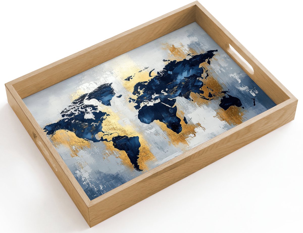 Dienblad hout 40x30 cm - Schootdienblad - Wereldkaart - Blauw - Abstract - Borrelplank rechthoek - Plateau dienbladen