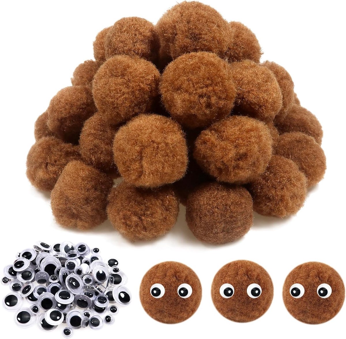 50 Stuks Grote Fluffy Pompoms van 40mm in Bruin met Wobble Ogen voor Creatieve DIY Knutselprojecten en Decoraties