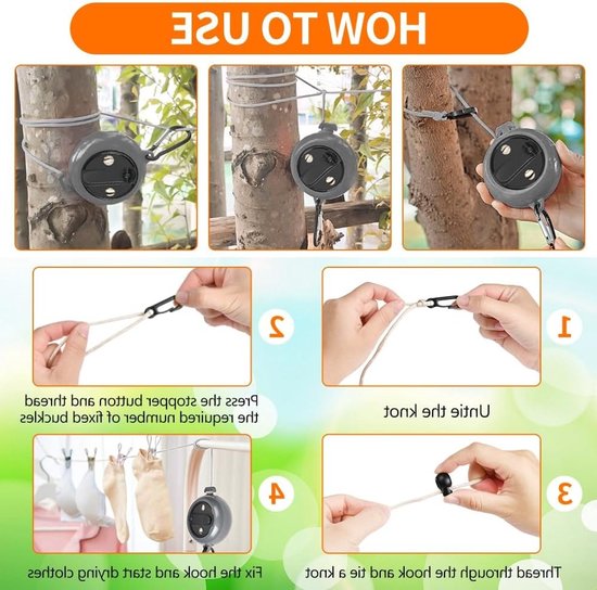 Retractable Reel Kledinglijn 10m - Draagbare, Inklapbare Kledinglijn met 10 Verstelbare Haken en 20 Wasknijpers voor Binnen en Buiten Gebruik tijdens Kamperen en Reizen van Merkloos — afbeelding 3