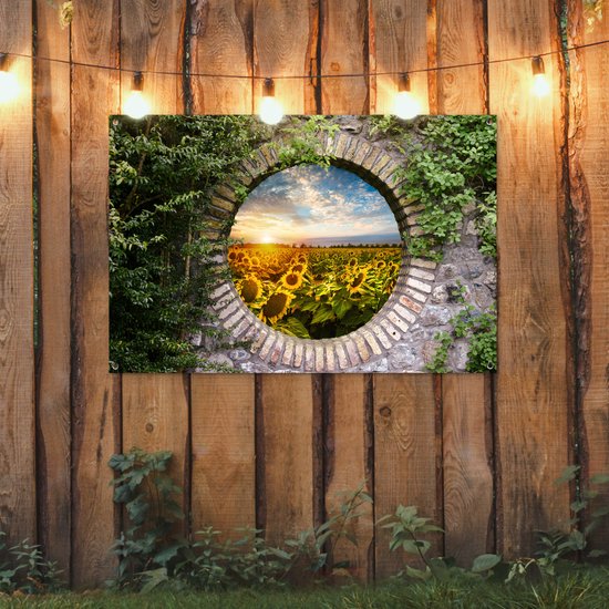 Affiche de jardin - Fleurs - Tournesols - TransparentSoleil - Nuages - Jardin - 120x80 cm - Décoration de jardin - Toile de clôture - Toile de jardin