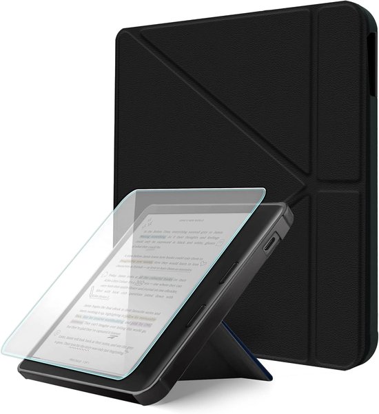 Beschermhoes Geschikt voor Kobo Libra Colour (2024) & Libra 2 - Vegan Leer Origami Standaard - Auto Slaap/Wake - Met Schermbeschermer - Zwart 6 Inch — afbeelding 4