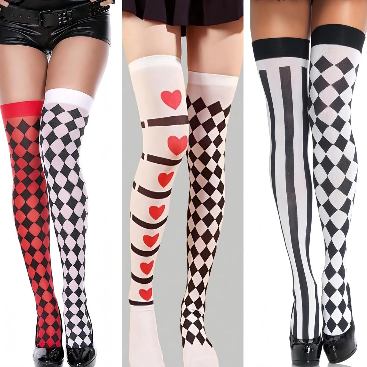 Halloween Overknee Sokken voor Dames - Gestreepte en Geruite Kniesokken in Wit, Zwart en Rood, Lange Kousen voor Clown Kostuum, Pantomime en Carnaval Feestjes
