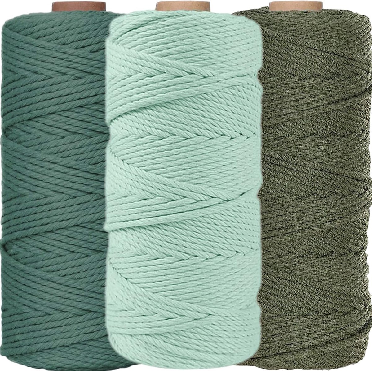 Set van 3 Kleurige Macramé Touw van 3 mm x 100 m, Natuurlijke Katoen Draad voor Wanddecoratie, Planten en Creatieve Klussen