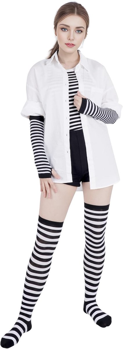 Dailygoods - Dailygoody - Thigh Highs - Gestreepte kniekousen - Perfect voor feestkostuums - Katoen en polyester - Set met handschoenen - Geschikt voor dames - Kle