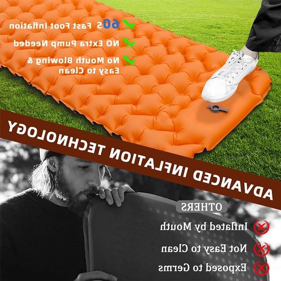 Kampeer slaapmat - Luchtbed Mat - Buiten slapen - Met voetpomp - 9 cm dik - Oranje van Merkloos — afbeelding 4