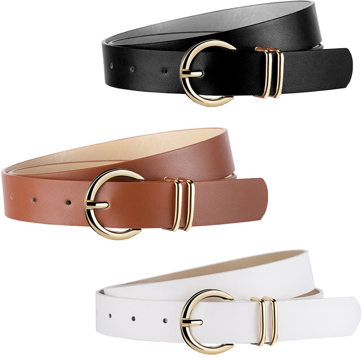 Dailygoods - Dailygoody - 3 stks Mode Vrouwen Lederen Riem - Klassieke Ronde Gesp - Perfect voor Casual en Formele Outfits - Zwart + Wit + Bruin - Geschikt voor Da..