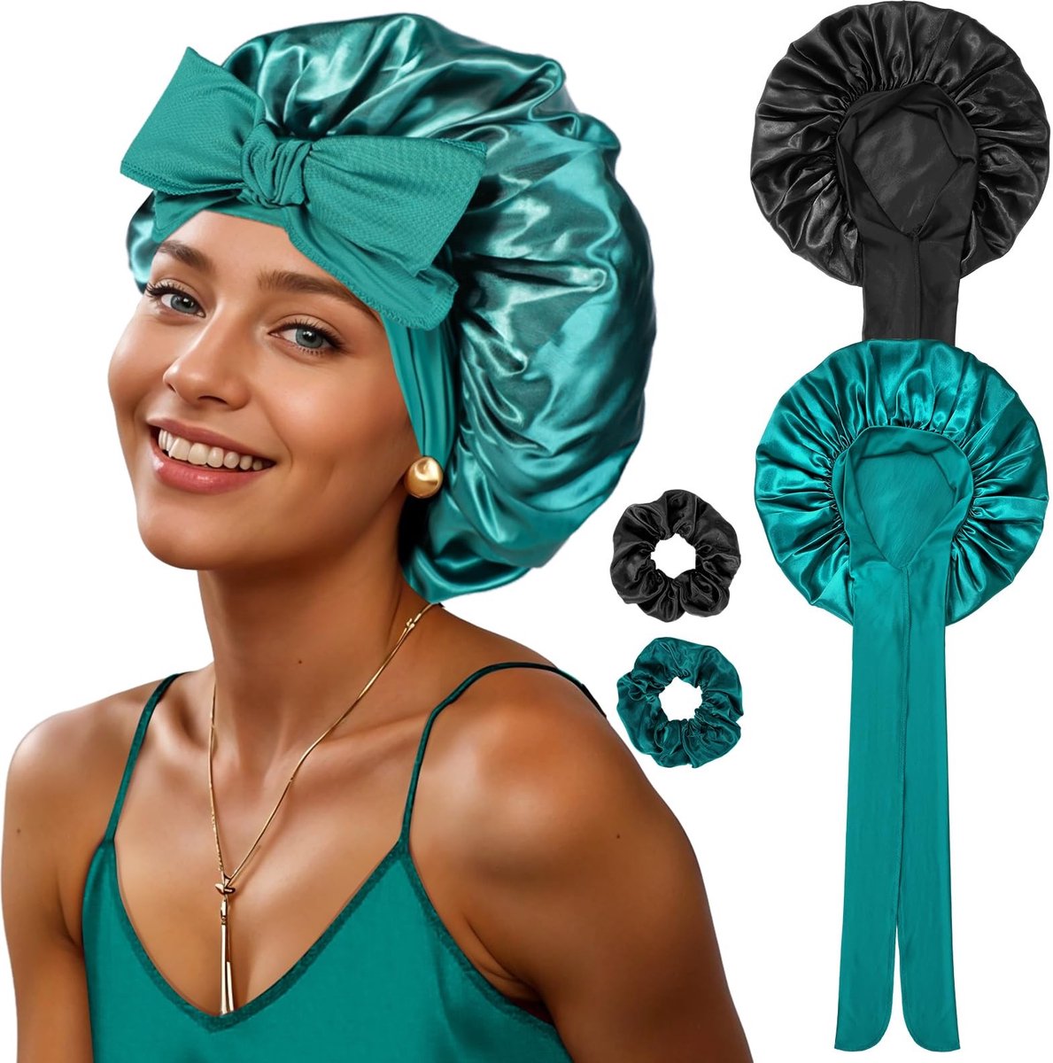 Dailygoods - Dailygoody - Zijden haarmuts om te slapen - Satijnen haarkap - Zacht en comfortabel - Pauwblauw en zwart - Inclusief scrunchies - Geschikt voor dames ...