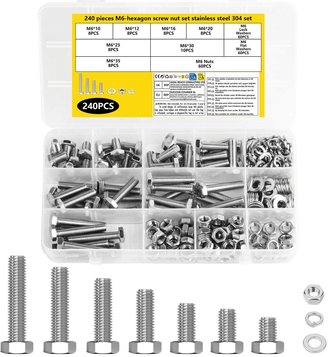 Dailygoods - Dailygoody - 240-delig M6 Schroeven Set - Corrosiebestendig - Zeskantbouten Set - Moeren en Veerringen - Geschikt voor Diverse Toepass...