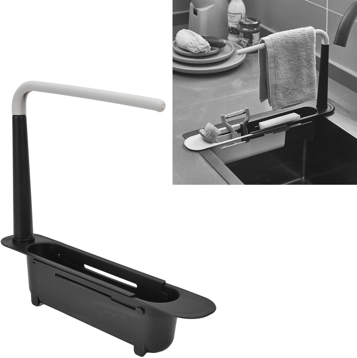 Dailygoods - Dailygoody - Telescopische Spoelbak Opbergrek - Multifunctioneel Keukenrek - Uitbreidbaar en Ventilerend - Zwart - Sponshouder en Zeepvaatdoek - Gesch...