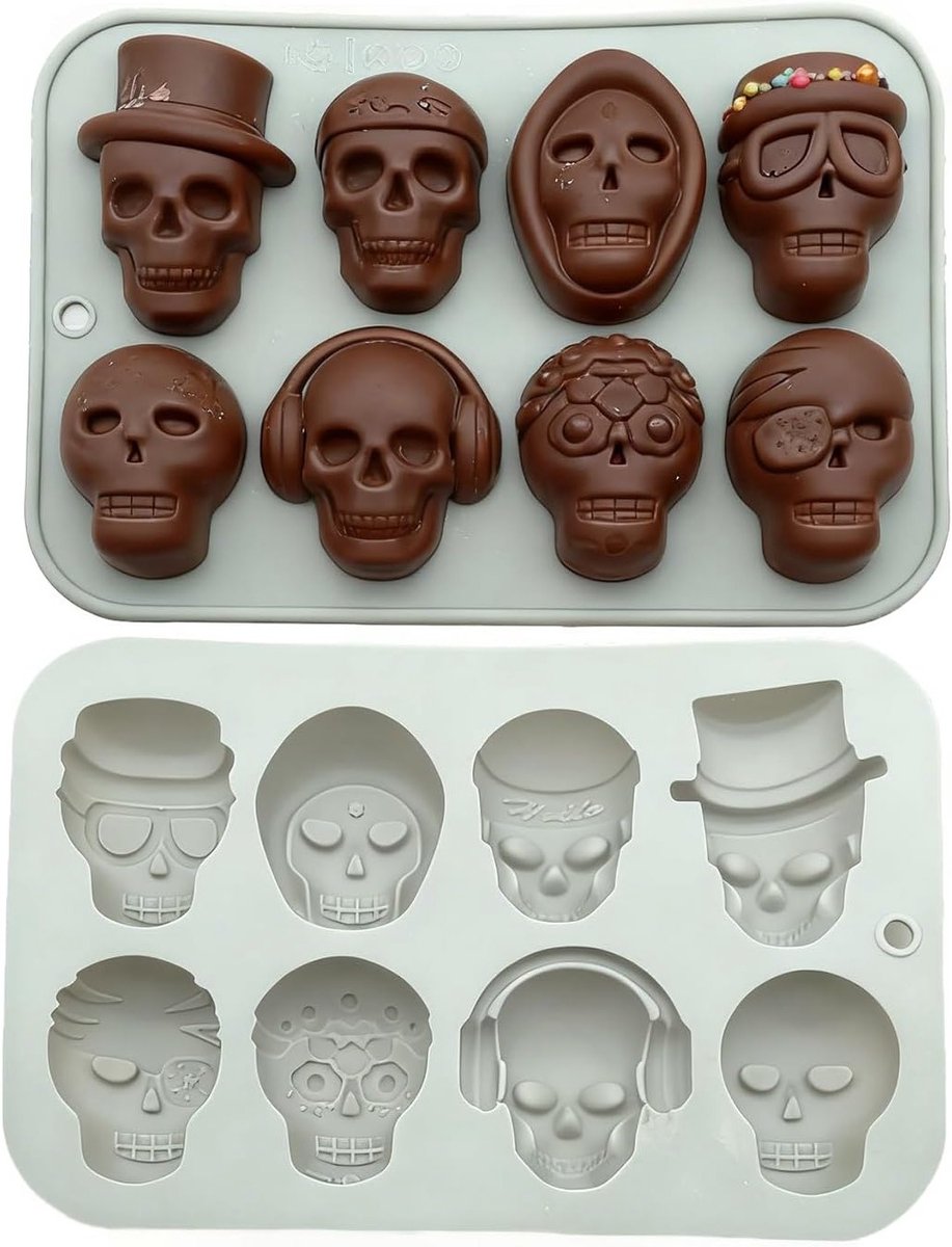 Set van 2 schedelvormige ijsblokjes en bonbonmallen voor chocolade, desserts en mousse
