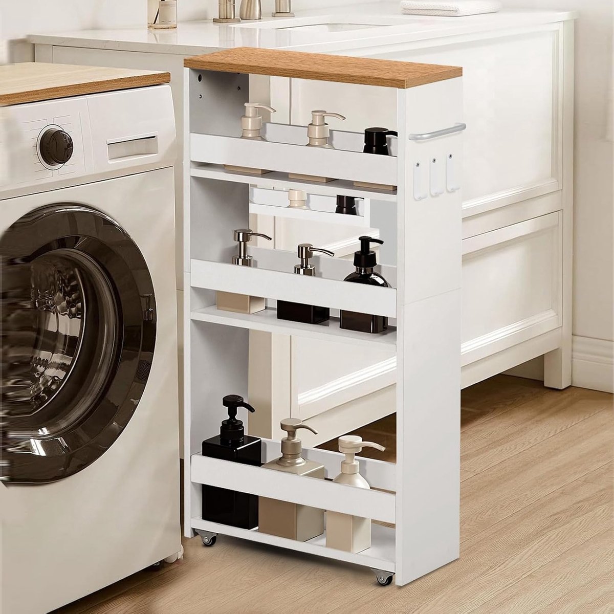 Narrow 4-laags keukentrolley op wielen met stalen handvat voor kleine ruimtes, 40 x 20 x 80 cm, geschikt voor keuken, badkamer en woonkamer, eikenkleur met wit