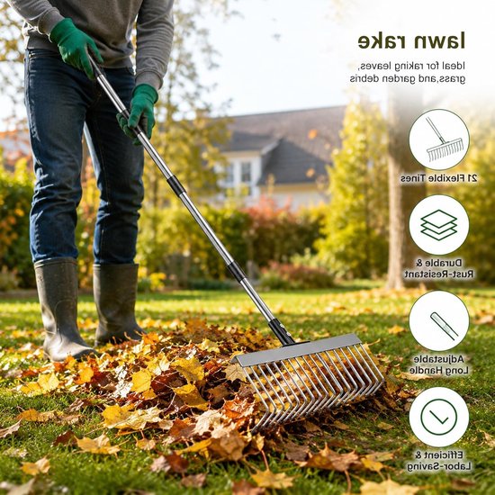Verstelbare bladhark met ergonomische telescoopsteel, ideaal voor gazon, bloembedden en mulch, 21 tanden, 53-160 cm breedte — afbeelding 3