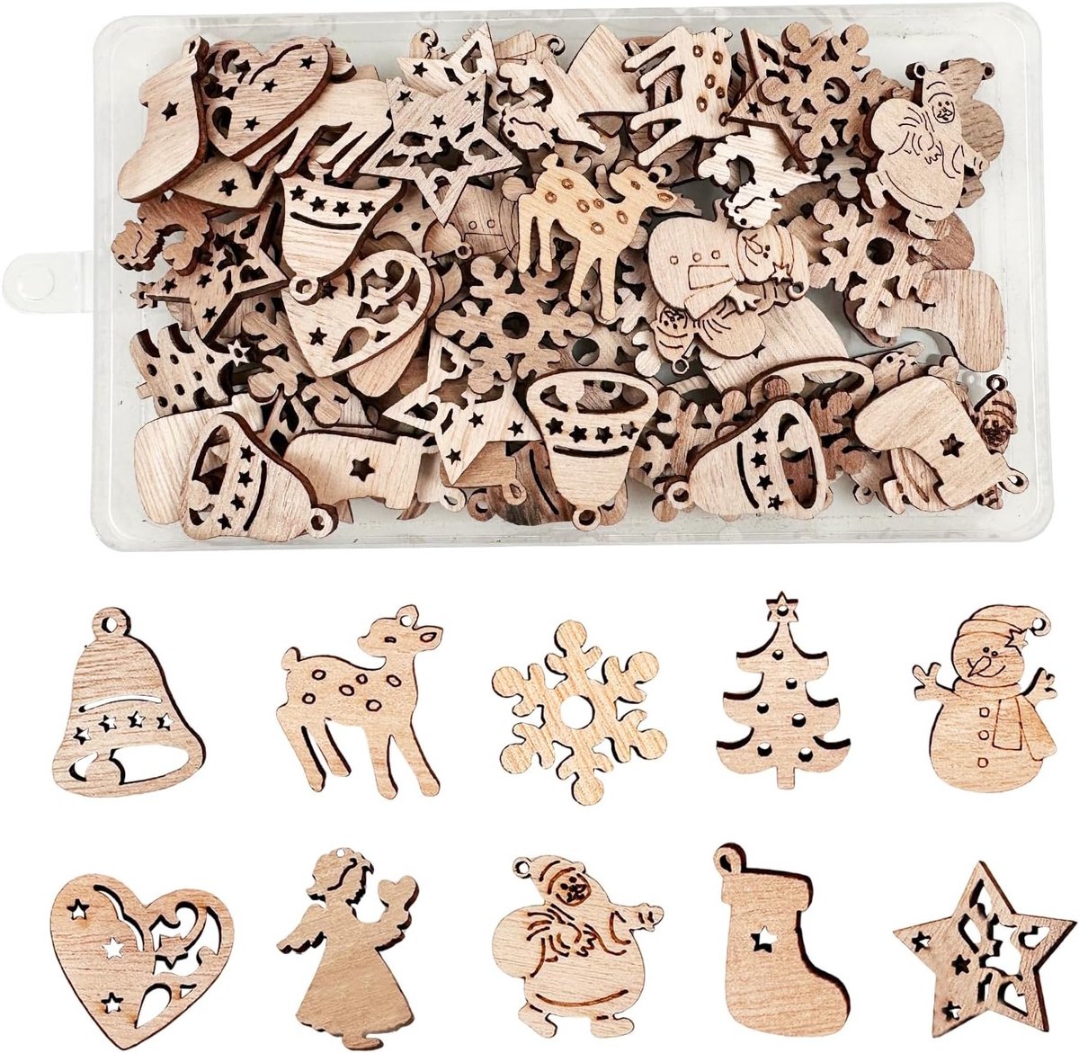 Set van 100 Houten Kersthangertjes voor Boomdecoratie, DIY Ambachten en Cadeaus, Scatterdecoratie