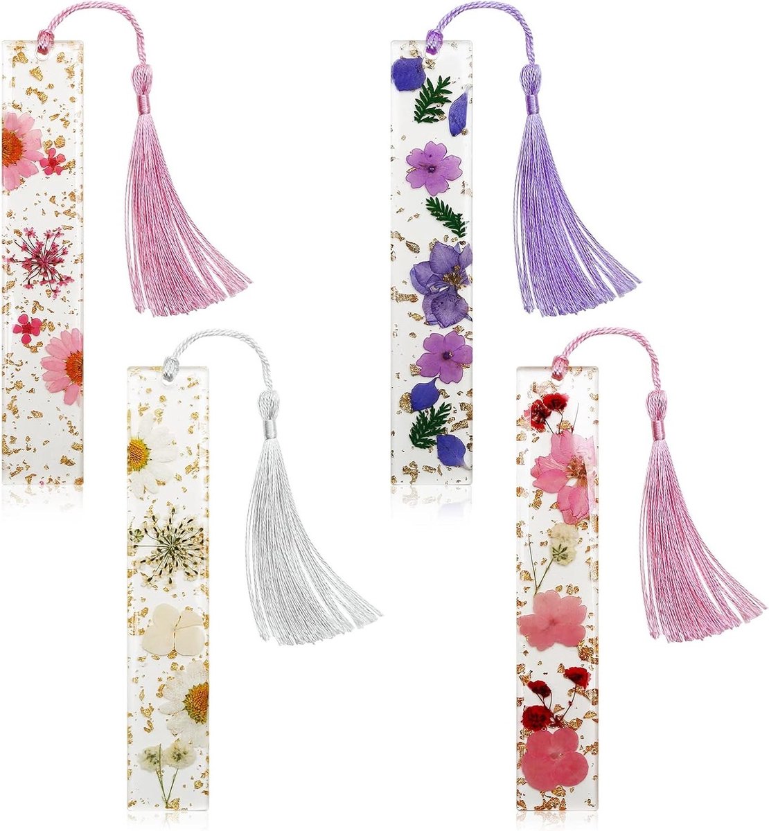 Handgemaakte Droogbloemen Boekenleggers met Kwastjes, Duurzaam en Uniek, Perfect voor Vrouwen en Kinderen (4 Stuks)